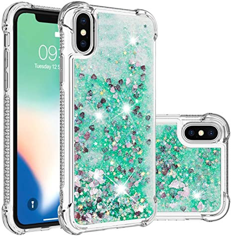 YKTO Soft TPU Phone Case for iPhone X/XS Covers Pop Gorgeous Liquid Glitter Case Sparkle Protective Back Shell Shockproof Bing Bing Silicone Transparent Cover for iPhone X/XS-Green