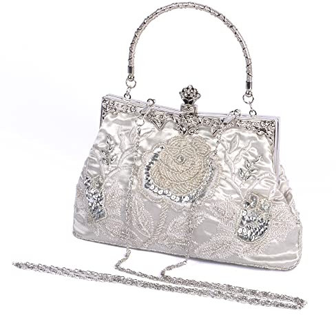 Beaface Women's Clutch Bags, Floral Beaded Clutches for Women, Wedding Evening Clutch Bag Embroidery Clutch Handbags for Women (Silver)