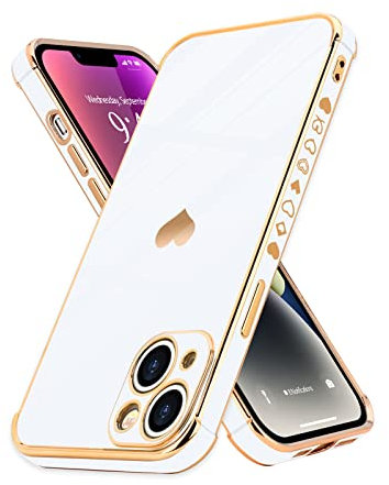 Urarssa for iPhone 14 Case Cute Bling Plating Heart Design Cases Women Girls Shockproof Bumper Silicone Slim Protective Cover for iPhone 14, White