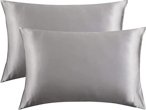 Satin Kissenbezug für Haar und Haut, 100% Seidig Luxus Satin Kissenhülle, 2 Stück Kopfkissenbezug Weich und Atmungsaktiv 40 x 80 cm Kissenbezüge (Grau)