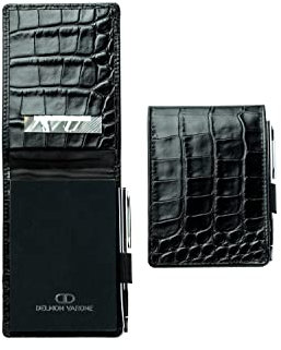 DELMON VARONE - Notizblock Etui DIN A7 inkl. 2 x Notizblöcke & 1 x Mini-Kugelschreiber Reporterblock (Schwarz) Premium Echt-Leder mit Stiftschlaufe, Einschubfach & blanko Block unliniert & abreißbar