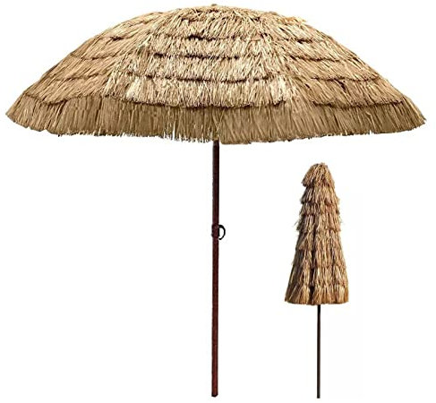 CHEMYO Parapluie de Plage en Paille de 1,7 m [Bois], hawaïen d'extérieur, Parasol de Jardin, 8 Baleines, Couleur Naturelle à manivelle, Cour/Bord de mer/décoration de la Maison