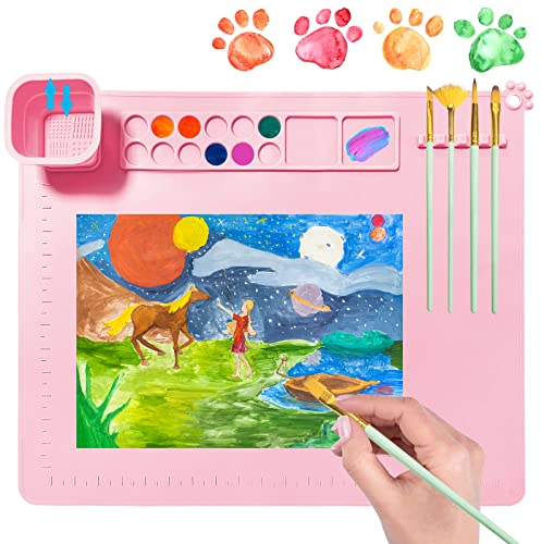 Bastelmatte Silikon Malmatte für Kinder Große Silikonmatte 55cmx45cm Silikon Malunterlage mit Becher mit 6PCS Pinsel Set Silicone Painting Mat Katzenpfote Silikon-Bastelmatte zum Basteln Art Matte