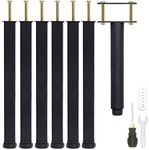 Pied de Lit 35 cm à Visser, Pied Sommier à Lattes Universel, Reglable en Hauteur, Metal, Carré + Rond, Boulons M8, pour le Cadre Métallique d’un Sommier Adulte, Noir, Lot de 7 (6 Latéraux + 1 Central)