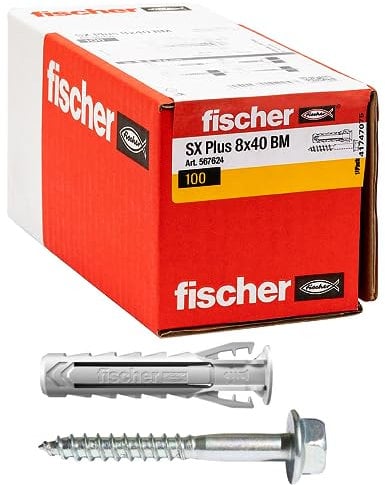 Fischer 100 Tasselli SX Plus BM con Vite Testa Esagonale 8x40 mm per Muro Pieno, Mattone Forato, Muratura, Calcestruzzo, per il Fissaggio di Lampadari, Mobili, Pensili, Mensole, 567624