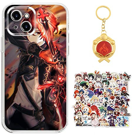 Staremeplz Genshin Impact Hülle für iPhone 15 Pro Anime Spiel Diluc Handyhülle [Mit Schlüsselbund und 50pcs Aufkleber] Cartoons Transparent Silikon Case Hülle für iPhone 15 Pro