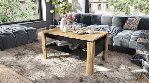 Design Couchtisch Tisch Asti-P höhenverstellbar 55-67cm Esstisch, Farbe:Eiche Artisan - Schwarz matt