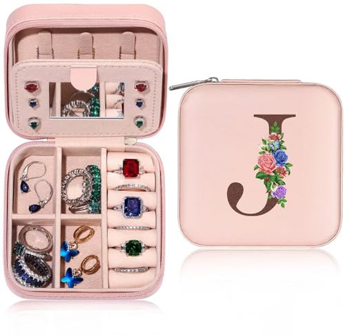 TINGN Geschenk für Frauen - Personalisierte Schmuckkästchen Damen Mädchen mit Initiale J Blume Kleine Schmuckkästchen Reise Schmuckkästchen mit Spiegel Geschenk für Geburtstage Weihnachten Muttertag
