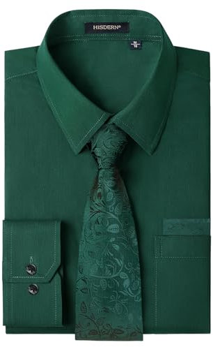 HISDERN Mens Long Sleeve Dress Shirt and Tie Set Dark Green Casual Business Shirt with Pocket for Formal Wedding M
