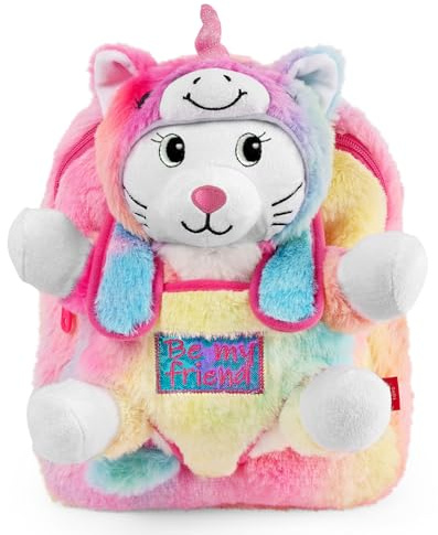 PERLETTI Kawaii Rucksack Einhorn für Kleine Mädchen 3 4 5 6 Jahre - Abnehmbarer Plüsch Katze Pluschtier für Kinder Kindergarten - Weiche Tasche Mehrfarbig Regenbogen