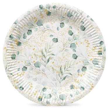 PAW - Assiette Jetable en Carton (23 cm) I Lot de 8 I Assiettes Jetables Idéales pour Mariage, Communion, Fêtes, Anniversaire I Impression de Assiettes en Papier à Base d'eau I Eucaliptus Doré