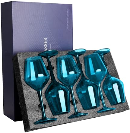 COOKY.D Tritan Verres À Vin De Couleur Plastique 440ml/15 Oz Long Tige Verrerie Multicolore Incassable Drinkware Mariage Crémaillère Cadeau Pour Vin Blanc Rouge,Set De 6 Bleu Lac