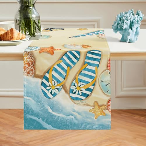 Bonhause Tischläufer Sommer Strand Tischläufer Seestern Surfbrett Meer Landschaft Küche Esstisch Dekoration für Drinnen Draußen Urlaub Party Waschbar Wohnkultur Tafeltuch (33 x 183 cm)