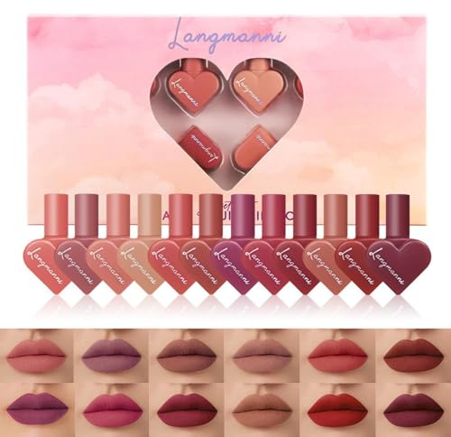 12 Color Mini Heart Lipstick for Lip, Lippenstift Make up Set, 12 Farben Matte Samt Lipgloss Make up Set, Mini Herz Lippenstift, Mattflüssiger Lippenstift Set, Make up Geschenkset Geschenke für Frauen
