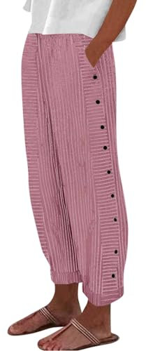 Trainingshose Damen,Leinenhose Damen 7/8,Damen Sommer Leicht Sporthose Baumwolle Leinen Stoffhose Lockere Einfarbig Sommerhose Lässig High Waist Strandhose mit Taschen,Rot,L