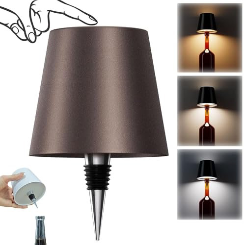 AIMARS Wireless Bottle Lamp, 3 Color Stepless Dimming Wine Bottle Lamp, LED Rechargeable Touch Control Wireless Bottle Lampshade for Bedroom, Restaurant, Bar (Brown, 1-Pack)