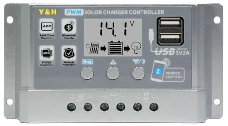 Y&H Regulador de carga solar, 30 A, PWM, 12 V, 24 V, panel solar, regulador de carga con pantalla LCD, comunicación por aplicación, doble USB, arranque de batería 0 V, voltaje de carga ajustable,
