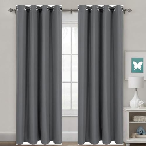 HOKXUAN Tende per Interni 2 Pezzi 160 x 65 cm Termica Isolante, 100% Poliestere 2 Pezzi Tende Termiche con Occhielli per Interni Finestre, Grigio Scuro