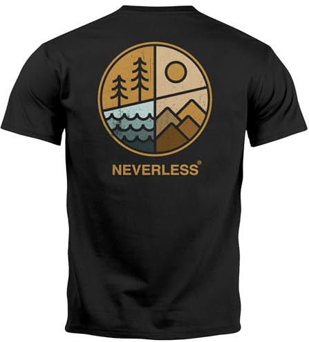 Neverless® Herren T-Shirt Backprint Natur Grafik Berge Wald Adventure Outdoor Casual Männer Fashion Streetstyle Schwarz S