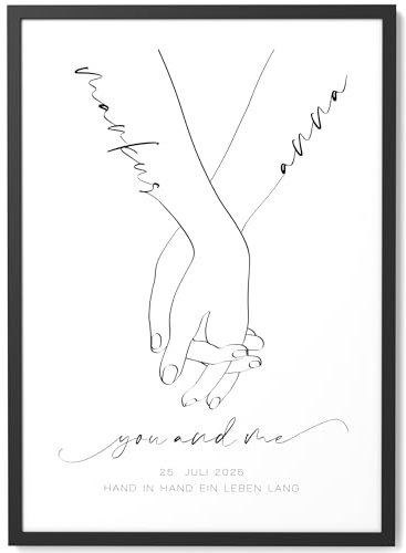 Papierschmiede® Paar Bild Personalisiert mit Namen, Datum und Ort, DIN A3 (30x42 cm) Bilderrahmen wählbar, Wandbild Hochzeitsgeschenke für Brautpaar Jahrestag Hände „Hand in Hand“