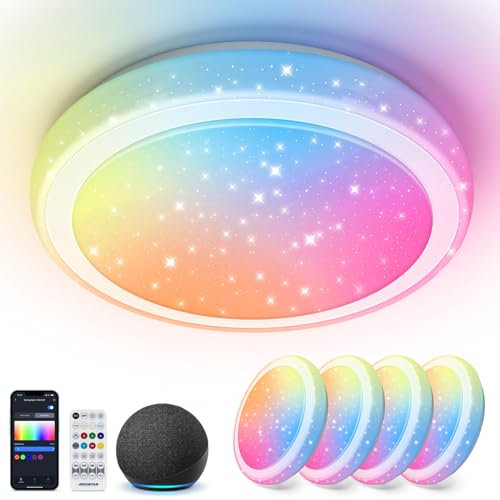 Aigostar Mesh- Plafon LED Techo Bluetooth Mesh, Φ39CM, 24W, 2650LM, 3000K-6500K y RGB regulable, IP44, Plafón LED Inteligente Compatible con Alexa, Lampara Techo para Salón/Dormitorio/Cocina, 4Uds