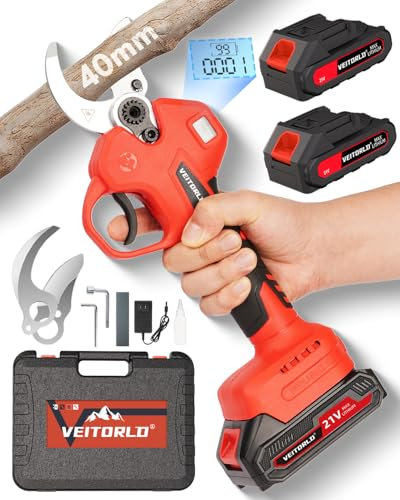 Veitorld Astschere, 40MM Gartenschere mit 2 Akku 2000mAh, Bürstenloser Motor Baumschere, Kabellose Elektrisch Garten Schere mit LED-Schnittzählerm, Verstärktes Schutz