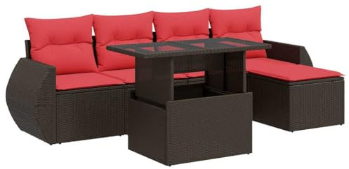 vidaXL 6-Piece Garden Sofa Set with Cushion Brown Poly Rattan Acacia Outdoor Sofa Set Garden Sofa Set Lounge Set Patio Sofa Set
