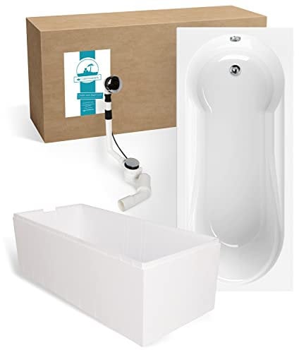Calmwaters® Badewanne mit Dusche Komplettset 180x80 cm mit Wannenträger & Ablaufgarnitur, Acrylwanne Modern Small 2, Duschzone, Set Badewanne komplett 180 x 80, Duschbadewanne für 2 Weiß, 99000167