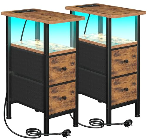 LOAKEKEL Narrow Bedside Table Set of 2, Slim Side Table for Bedroom | Bed Side Table Living Room with Charging Station, Sofa Table with 2 Fabric Drawers, Small Nightstand with LED Lights, Brown