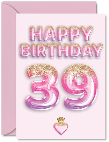 39th Birthday Cards for Women and Men, Pink & Purple Glitter Balloons | Happy Birthday Card for 39 Year Old Man Woman Son Auntie Uncle Daughter, A5 Bday Greeting Cards