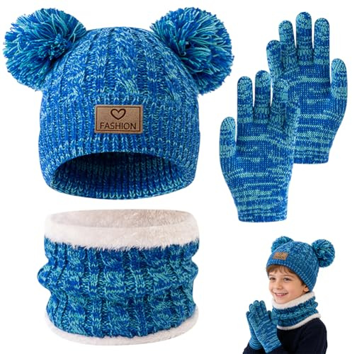 HAJXXMM Hat Scarf and Gloves Set Kids, Winter Knitted Hat and Scarf Set, Knitted Baby Winter Warm Boys Girls Beanie Fleece Lining Toddler Kids Winter Accessories