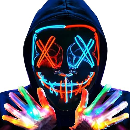 Efymosce LED Halloween Masken mit Leuchtende Handschuhe, Beleuchtete Purge Maske, Horror Maske, Gesichtsmaske für Männer, Frauen, Halloween, Festival