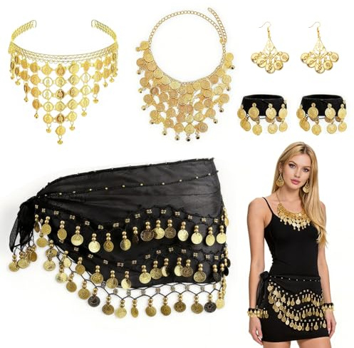 FuYelng Bauchtanz Accessoires Damen Hüfttuch Kopfschmuck Schmuck | Bauchtanz Kostüm Damen mit Goldmünzen Exquisit Wahrsagerin Kostüm, für Bauchtänzerin Show Party Feier Studium