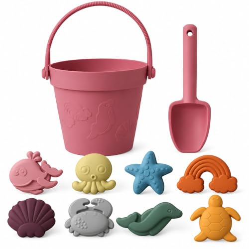 Set Juguetes Playa Niños Silicona con Cubo, Pala y 8 Moldes Arena(Rosa) | Diseño ligero, fácil de transportar y perfecto para juegos al aire libre en playa