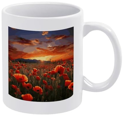 FekiLoot Red Poppy Flower Field in Sunset Mugs 12 Oz Ceramic Coffee Cup Classic White Coffee Mug with Handle Personalized Funny Porcelain Tea Cup Sublimation Mug for Latte Cappuccino Milk Cocoa