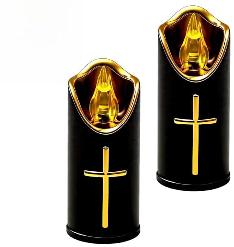 SGZIOO 2 luci a LED per esterni, candele funerali a LED, alimentate a batteria, candele senza fiamma con effetto tremolante realistico per decorazione del cimitero, croce sacra, colore nero