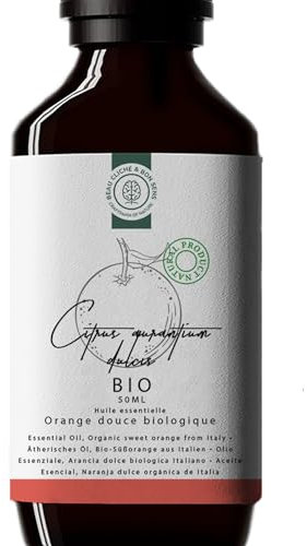 50ml Aceite esencial de Naranja Dulce BIO (cáscara) - Cultivado en Italia - 100% Puro, Natural y Orgánico - Citrus Aurantium Dulcis - Aceite esencial de Naranja Dulce para Consumo