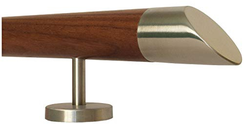 TIBU Nussbaum Geländer Handlauf Treppe Holz Griff gerade Edelstahlhalter, Länge 30-500 cm aus einem Stück/zum Beispiel Länge 90 cm mit 2 gerade Halter und Enden schräges Edelstahlendstück