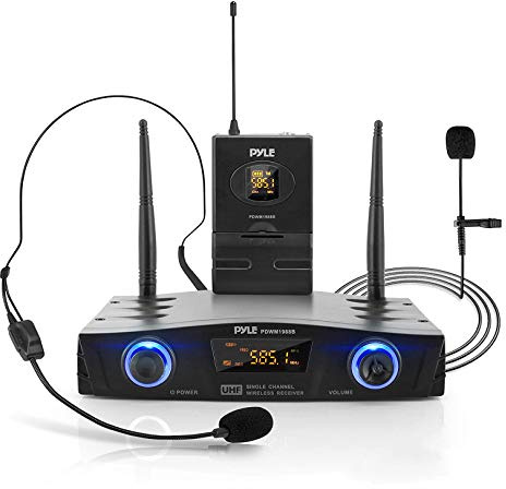 PYLE Compact UHF Wireless Microphone System - Pro Portable 1 Channel Desktop Digital Mic Receiver Set w/ Belt-Pack Transmitter, Receiver, Headset and Lavalier Mics, XLR, For Home, PA PDWM1988B,Black
