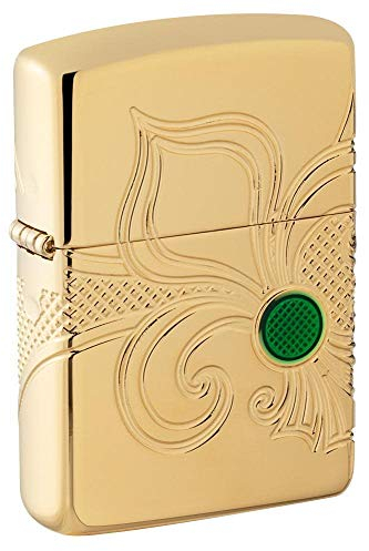 Zippo Sturmfeuerzeug - Fleur De-Lis - Armor High Polish Brass Finish Gold mit Gravur - Nachfüllbar - Wiederverwendbar - Windfest - Geschenkbox - Made in USA