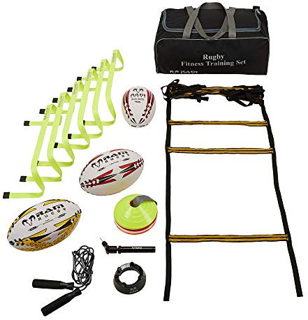 Ram Rugby – Fitness and Skills Training Set – Inc Gripper 2.0 Pro Trainer, Pass Developer & Solo Skills Rugby Ball & Mini Ball Pump, Kicking Tee, 6 Hurdles, 4M Agility Ladder, Skipping Rope, 20 cones…