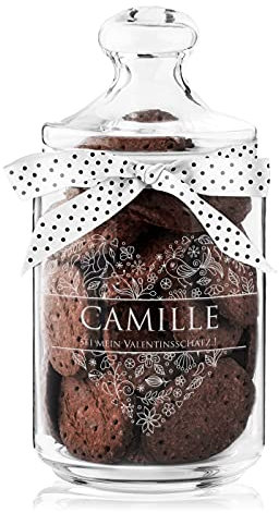Maverton Keksglas mit Gravur - Glasbehälter mit Deckel - Bonbonglas mit eleganter Schleife - Vorratsglas personalisiert - Geschenk für Naschkatze & Hobbybäckerin Frauen - Valentinsschatz