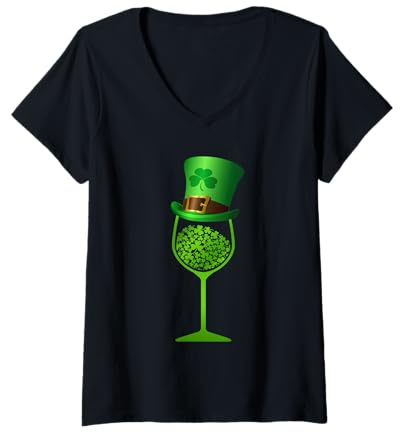Femme Verre à vin en forme de trèfle avec chapeau de Saint Paddy, cadeau de St Patrick 2020 T-Shirt avec Col en V
