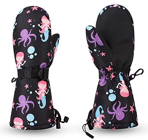 Pesaat Handschuhe Kinder Winter Jungen Wasserdicht Skihandschuhe Wärmende Fingerhandschuhe Mit Dinosaurier Fausthandschuhe (Meerjungfrau, 4-6 Jahren)