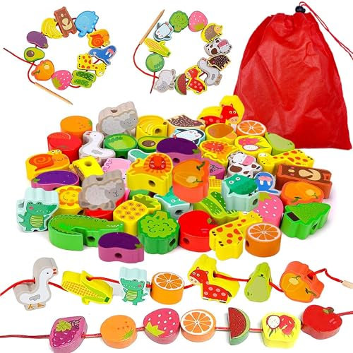42 Stücke Holzs Fädelspiel, Fädelspiel ab 3 Jahre, Obst, Tiere, Gemüse, Einfädeln Spielzeug, Montessori Pädagogisches Lernspielzeug, Fädelspiel Geeignet für 2-5 Jahre Jungen und Mädchen Geschenke