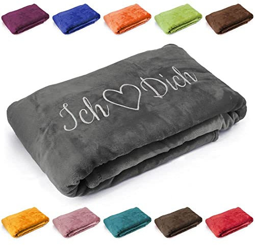 Kuscheldecke 'Ich Liebe Dich', Geschenk zu Valentinstag, Geburtstag, Hochzeitstag, hochwertig Bestickt, 200cm x 150cm extra weiche und gemütliche Sofadecke/Wohndecke, hochwertiges Fleece (Anthrazit)