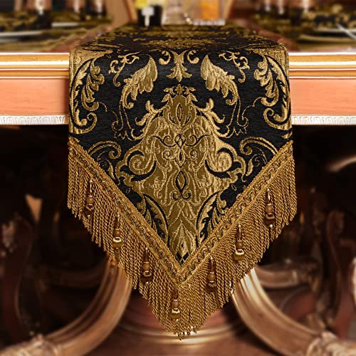 TOPLUXE Tischläufer aus Stoff mit Fransen, Dekoration für Esstisch/Restaurant/Party/Bankett (33 x 228 cm, schwarz)