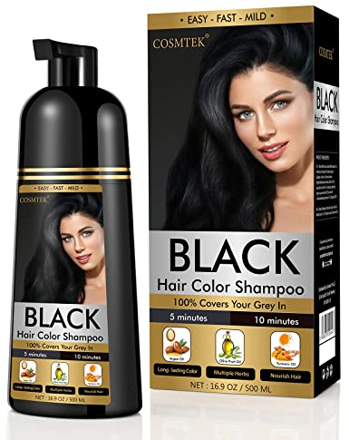 COSMTEK Black Dye Shampoo for Permanent Hair Color - Men&Women, Gray Coverage, Beard & Treated Hair, 3-In-1, 30 Days/500ml/Ammonia-Free/Natural Herbal