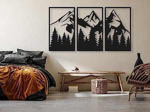VAILLA Berge Holzdekoration, Wandbild aus Holz, Wand deko in Schwarz Gold, 3D Bilder, Wandtatoo Home Wall Art Dekoration, Wandaufkleber, Moderne, für Zuhause Büro Schlafzimmer, Wohnzimmer