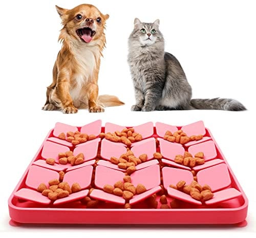 Dog & Cat Slow Feeder Bowl, Bowite Silicone Slow Feeder Mat with Suction Cups for Cats and Small Dogs, The Design is Inspired by Nature's Four-Leaf Clovers (Red)